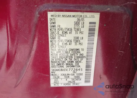 2005 Nissan Pathfinder Xe from USA, damaged, VIN 5N1AR18U15C772645